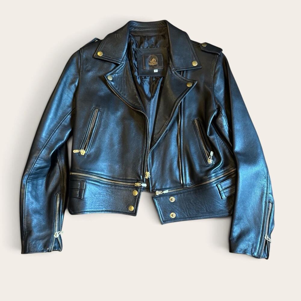 Black leather biker jacket with